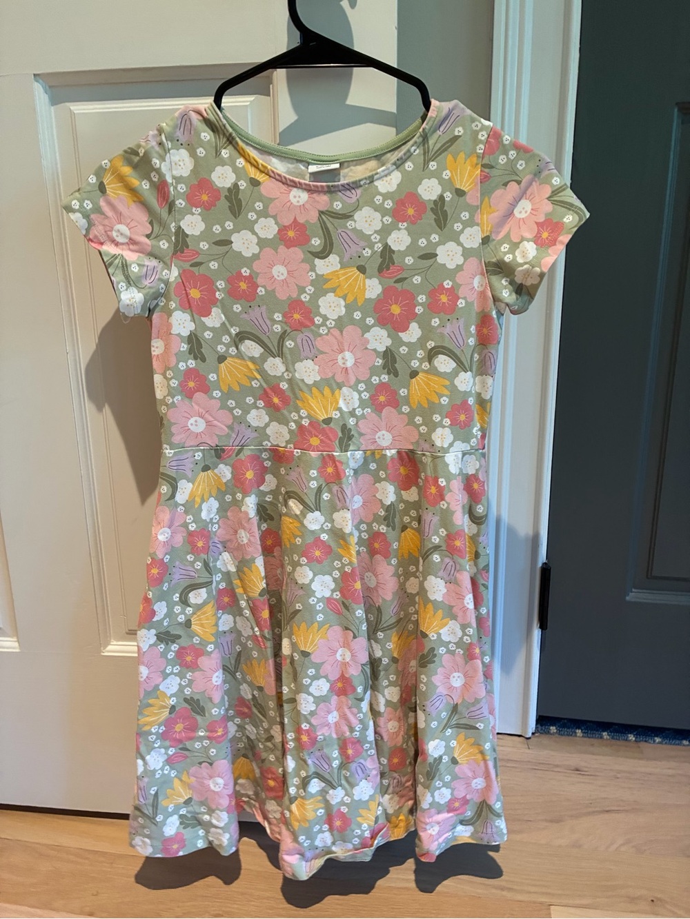 Polarn O. Pyret Floral Short Sleeve Dress - Sage Green, Pink & Yellow